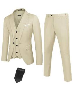 COOFANDY Herren-Blazerjacke, 3-teilig, mit einem Knopf, schmale Passform, Anzughose mit Krawatte, Beige, XX-Large von COOFANDY