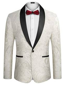 COOFANDY Herren Blumenkleid Anzug Luxus Bestickt Hochzeit Blazer Abendessen Smoking Jacke für Party, Typ02-Weiß, L von COOFANDY