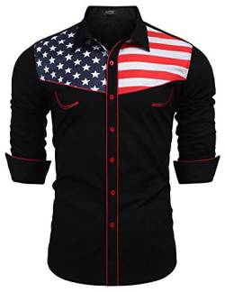 COOFANDY Herren Casual American Flag Button-Down-Hemden Slim Fit Langarm-Shirt X-Large Schwarz von COOFANDY