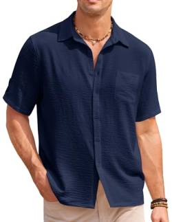 COOFANDY Herren Casual Button Down Kurzarm Shirts Strukturiert Sommer Strand Hemd, Marineblau, L von COOFANDY