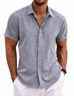 COOFANDY Herren Casual Leinen Shirts Button Down Shirt Kurzarm Baumwolle Leinen Shirts für Männer Sommer Strand Yoga T Shirts, Dunkelblau/Grau, Klein von COOFANDY