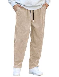 COOFANDY Herren Cordhose Elastische Taille Kordelzug Haremshose Mode Lose Casual Lange Hose mit 4 Taschen, Hellkhaki, Groß von COOFANDY