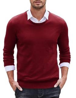 COOFANDY Herren Feinstrick Pullover Langarmshirt mit Rundhalsausschnitt Basic Slim fit Männner Strickpullover Sweater Pulli Feinstrick Winterpullover Sweater Business Rotwein M von COOFANDY