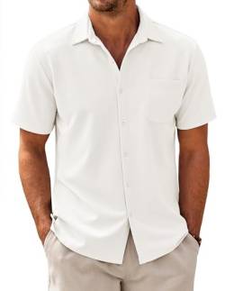 COOFANDY Herren Freizeithemd Kurzarm Hemden mit Tasche Casual Regular Fit elastisches Männer Sommer Hemd Lässige TexturedOberhemd Weiß 3XL von COOFANDY