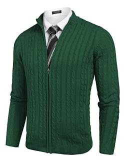 COOFANDY Herren Full Zip Cardigan Sweater Slim Fit Zopfmuster Zip Up Pullover mit Taschen, Grün , XL von COOFANDY