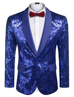 COOFANDY Herren Glänzende Pailletten Blazer Floral Anzug Jacke Stilvolle Smoking für Party, Hochzeit, Bankett, Abschlussball, Blau, 3XL von COOFANDY