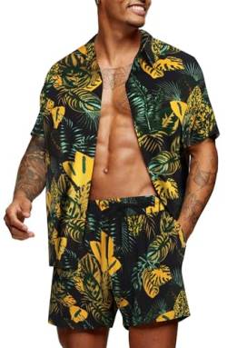 COOFANDY Herren Hawaii Hemd Strandhemd Set Männer Sommer Outfit Hawaiihemd Party Palmen Blumen Shirt und Shorts Schwarz S von COOFANDY