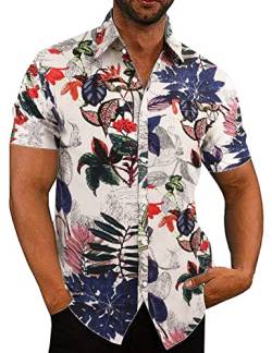 COOFANDY Herren Hawaii Hemden Leinenhemd Kurzarm Leinen Casual Floral Blumenmuster Kurzarm Hawaiihemd Kurzarmhemden Strandhemd Leicht Leinen Shirts Laub 2XL von COOFANDY