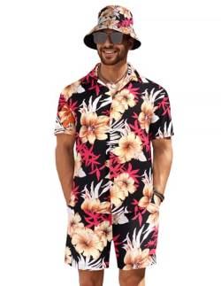 COOFANDY Herren Hawaiihemd und Kurzes Set Blumen 2-teiliges Strandoutfit mit Fischerhüten, Schwarz & Orange Blume, L von COOFANDY