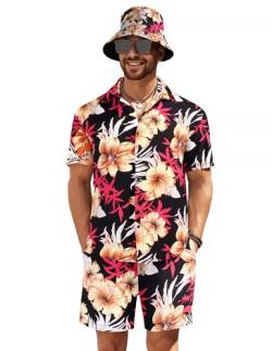 COOFANDY Herren Hawaiihemd und Kurzes Set Blumen 2-teiliges Strandoutfit mit Fischerhüten, Schwarz & Orange Blume, Mittel von COOFANDY