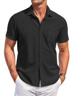 COOFANDY Herren Hemd Kurzarm Freizeithemd Businesshemd Sommer Hemd Casual Strand Hemd Kurzarmhemd Button Down Hemd mit Tasche Schwarz 3XL von COOFANDY