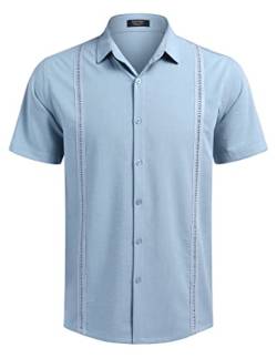 COOFANDY Herren Hemd Kurzarm Freizeithemd Sommerhemd Strandhemden Regular Fit Casual Urlaubshemd Button Down Einfarbig Blau XXL von COOFANDY