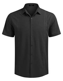 COOFANDY Herren Hemd Kurzarm Freizeithemd Sommerhemd Strandhemden Regular Fit Casual Urlaubshemd Button Down Einfarbig Schwarz M von COOFANDY