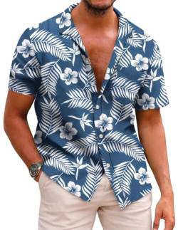 COOFANDY Herren Hemd Kurzarm Hawaii Hemd Baumwolle Sommer Strand Hemd Regular Fit Freizeithemden Urlaub Shirt Button Down Kurzarm Hawaii Shirt C-Marineblau M von COOFANDY