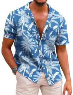 COOFANDY Herren Hemd Kurzarm Hawaii Hemd Sommer Kurzarmhemd Männer Bügelfrei Button Down Kurzarm Hawaii Shirt Party Hemd Strandhemd A-Blau 3XL von COOFANDY