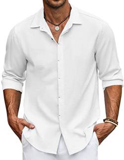COOFANDY Herren Hemd Leinen Langarmhemd Leichtes Sommerhemd Strand Hemden Casual Männer Freizeithemd Einfarbig Modische Weiß S von COOFANDY