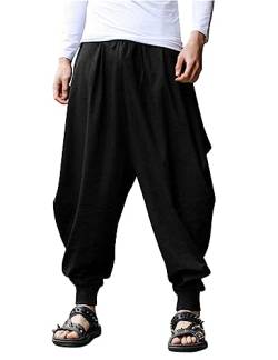 COOFANDY Herren Hippie Haremshose Baggy Leinen Boho Yoga Casual Drop Crotch Hose, Schwarz, X-Groß von COOFANDY