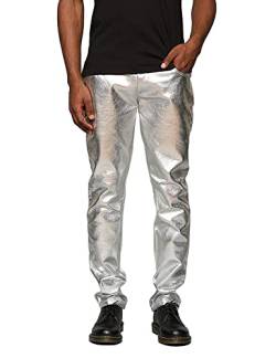 COOFANDY Herren-Jeans, metallisch, glänzend, für Weihnachten, Party, Tanz, Disco, Nachtclub, Hose, gerades Bein, 01-luxurious Silver, XXL von COOFANDY