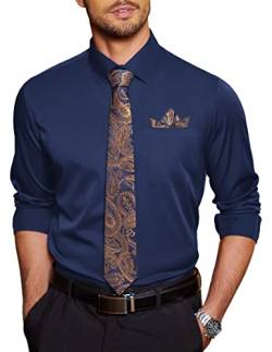 COOFANDY Herren Kleid Hemd mit passender Krawatte und Taschentuch Sets Popeline Hemd, Marineblau, XL von COOFANDY
