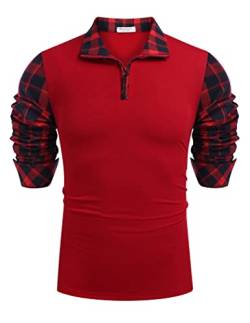COOFANDY Herren Langarm Poloshirts Casual Slim Fit Reißverschluss Plaid Polo T Shirts, Rot massiv, L von COOFANDY