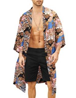 COOFANDY Herren Leichte Kimono Robe Jacke Bedruckt Japanischer Stil Bademäntel Casual Open Front Lange Cardigan Mantel Outwear, Blau (luxuriöser Druck), XX-Large von COOFANDY