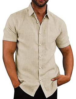 COOFANDY Herren Leinen Hemd Kurzarm Sommer Basic Shirt Leinenhemd Kurzarmhemd Freizeithemd Businesshemd Khaki 2XL von COOFANDY