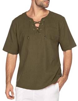 COOFANDY Herren Leinenhemd Kurzarm Hemd Freizeithemden Hippie Sommerhemd Yoga Shirt Henley Shirt Kurzarmhemd Sommer Shirt Strand Freizeit T-Shirt Armeegrün S von COOFANDY