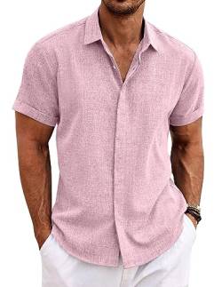 COOFANDY Herren Leinenhemden Kurzarm Freizeithemden Button Down Hemd für Männer Strand Sommer Hochzeit Hemd, Pink, XL von COOFANDY