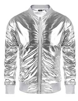 COOFANDY Herren Metallic Jacke 70er Jahre Disco Weihnachten Party Varsity Jacke Reißverschluss Baseball Bomber, 02-silber, XXL von COOFANDY