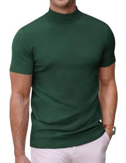 COOFANDY Herren Mock Rollkragenpullover Kurzarm Einfarbig T-Shirts Basic Slim Fit Strickpullover Tees, Grün , Groß von COOFANDY