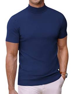 COOFANDY Herren Mock Rollkragenpullover Kurzarm Einfarbig T-Shirts Basic Slim Fit Strickpullover Tees, Marineblau, X-Klein von COOFANDY