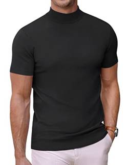 COOFANDY Herren Mock Rollkragenpullover Kurzarm Einfarbig T-Shirts Basic Slim Fit Strickpullover Tees, Schwarz, Mittel von COOFANDY