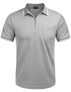 COOFANDY Herren Polohemd mit Zip Poloshirt Ringelstrickkragen Basic Polo Shirt Mit Brusttasche Sportstil für Männer Regular Fit Hellgrau M von COOFANDY