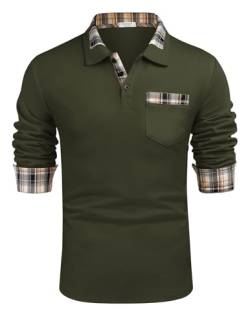 COOFANDY Herren Poloshirt Casual Langarm Plaid Kragen mit Taschen, Deep Army Green, XX-Large von COOFANDY