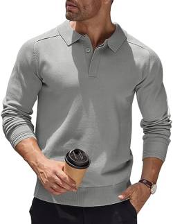 COOFANDY Herren Poloshirt Langarmshirt Pullover Mit Polokragen Weich Strick Sweater Business Casual Pullover Regular Fit Männer Pulli Winterpullover Einfarbig Mittelgrau S von COOFANDY