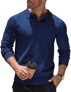 COOFANDY Herren Poloshirt Langarmshirt Pullover Mit Polokragen Weich Strick Sweater Business Casual Pullover Regular Fit Männer Pulli Winterpullover Einfarbig Navy blau L von COOFANDY