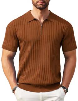 COOFANDY Herren-Poloshirt mit Reißverschluss, kurzärmelig, gerippt, modisch, lässig, Golf-Shirts, Braun, Klein von COOFANDY