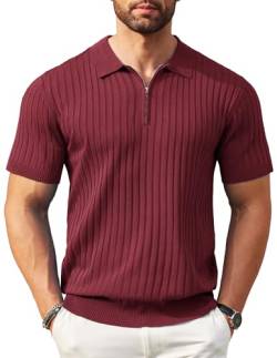 COOFANDY Herren-Poloshirt mit Reißverschluss, kurzärmelig, gerippt, modisch, lässig, Golf-Shirts, Weinrot, L von COOFANDY