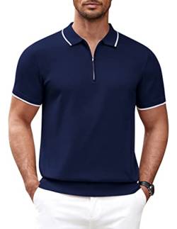 COOFANDY Herren-Poloshirt mit Reißverschluss, lässig, gestrickt, kurzärmelig, Polo-T-Shirt, klassische Passform, Marineblau, Mittel von COOFANDY