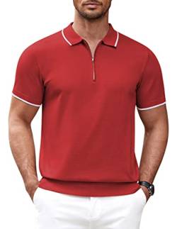 COOFANDY Herren-Poloshirt mit Reißverschluss, lässig, gestrickt, kurzärmelig, Polo-T-Shirt, klassische Passform, Rot/Ausflug, einfarbig (Getaway Solids), XL von COOFANDY