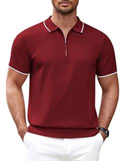 COOFANDY Herren-Poloshirt mit Reißverschluss, lässig, gestrickt, kurzärmelig, Polo-T-Shirt, klassische Passform, Weinrot, XL von COOFANDY