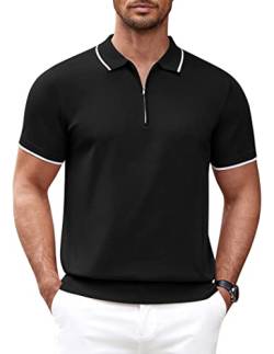 COOFANDY Herren-Poloshirt mit Reißverschluss, lässig, gestrickt, kurzärmelig, klassische Passform, Schwarz, Mittel von COOFANDY