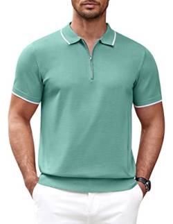 COOFANDY Herren-Poloshirt mit Reißverschluss, lässig, gestrickt, kurzärmelig, klassische Passform, Türkis/Ausflug, einfarbig (Getaway Solids), L von COOFANDY