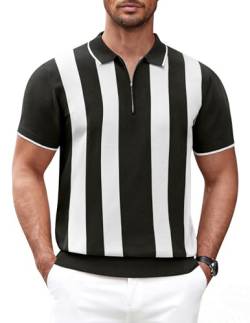 COOFANDY Herren-Poloshirt mit Reißverschluss, lässig, gestrickt, kurzärmelig, klassische Passform, Z-Streifen - Schwarz & Weiß, XX-Large von COOFANDY