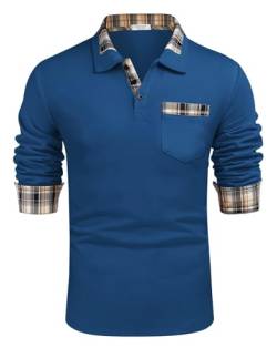 COOFANDY Herren-Poloshirt mit langen Ärmeln, kariert, mit Taschen, Königsblau, XL von COOFANDY