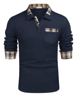 COOFANDY Herren-Poloshirt mit langen Ärmeln, kariert, mit Taschen, dunkelblau, L von COOFANDY