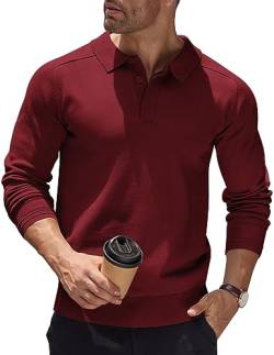 COOFANDY Herren Pullover Poloshirt Langarmshirt Strickpullover Feinstrick Sweater Freizeit Slim Fit Business Casual Männer Pullover Basic-Shirt Weinrot L von COOFANDY