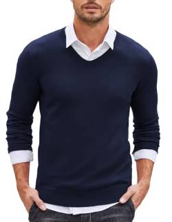 COOFANDY Herren Pullover Slim Fit V Ausschnitt Feinstrick Sweater Schmale Passform Strickpullover Marine S von COOFANDY