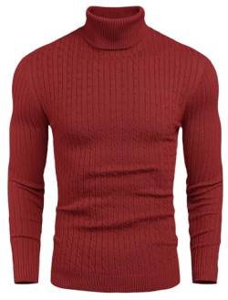 COOFANDY Herren Rollkragen Pullover Langarmshirt Strickpullover mit Zopfmuster Casual Einfarbig Basic Pullover Rot XXL von COOFANDY