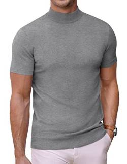 COOFANDY Herren-Rollkragenpullover mit kurzen Ärmeln, einfarbig, T-Shirts, Basic, schmale Passform, Strickpullover, GRAU, Groß von COOFANDY